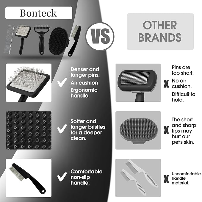 Bonteck Dog Slicker Brush for Dogs Grooming Kit 5PCS | Large Dog Brush for Goldendoodles Poodles Doodles | Long Pin Haired Brush | Poodle Brushes and Comb (Black)