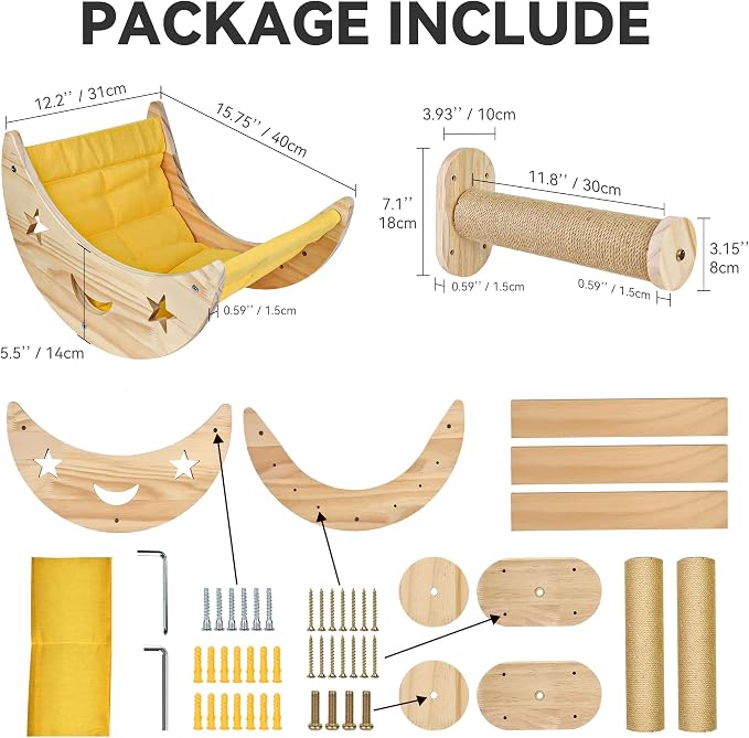 Wall Cat Bed Moon Hammock Wall Mounted Shelf with 2 Steps Climbing Sheves and Sisal Platforms Rope Scratching Post Wood Wall Furniture Bridge Ladder Wooden Indoor Cats Wall Bed-Moon Set