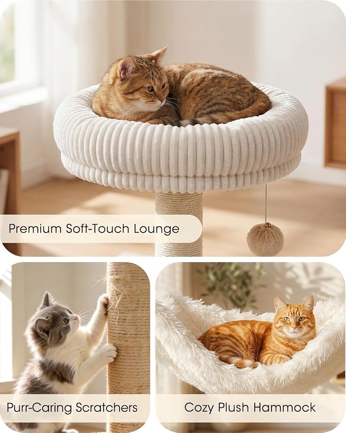 61" Modern Cat Tree, Tall Cat Tower with Self-Grooming Brush | Removable Washable Cushion, Pyramid Anti-Tip Base, Cat Furniture, Cozy Cat Condo, Sisal Scratching Post, Multi-Cat Household