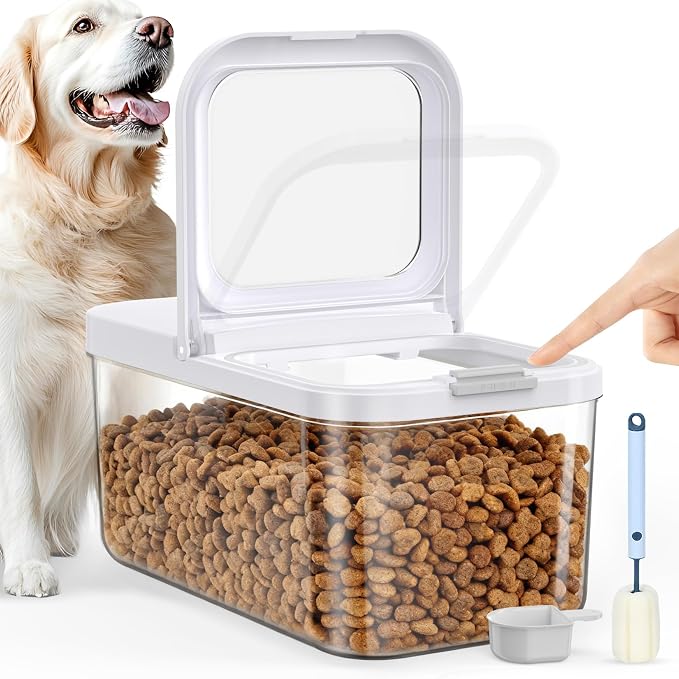 LEAWALK 6 Lbs Airtight Dog Cat Food Storage Container and Dog Treat Containers BPA-Free, PET Clear Stackable Pet Storage Bin, 1-Cup Scoop, 1-Sponge cleaning brush, Pop Top, With handle, Easy Mobility