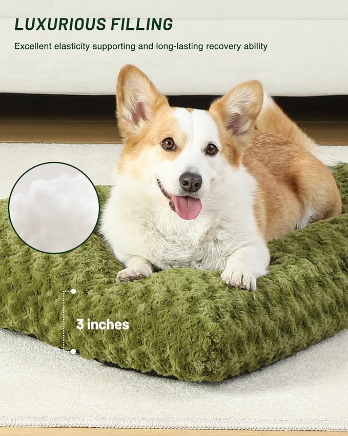 KSIIA Washable Dog Bed Comfy Dog Crate Pad Deluxe Plush Pet Bed Non-Slip Kennel Pad for Medium Dogs, 29" x 21", Green