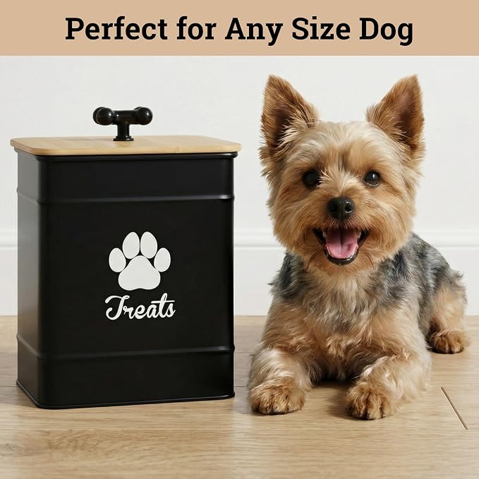 Dog Treat Container Airtight - 6 Inch Wide x 8 Inch Tall Iron Dog Treat Jar for Kitchen Counter with Airtight Bamboo Lid - 12 Cup Capacity Pet Treat Container - Doggie Cookie Jar - Big Treats Canister