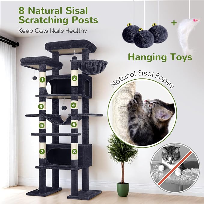 Globlazer Giant Tall Heavy Duty Cat Tower for Indoor Large Cats, F83B | XXL Multi-Level Large Cat Condo with 8 Scratching Posts, Hammock, 2 Cat Caves, 2 Platform, Dark Grey
