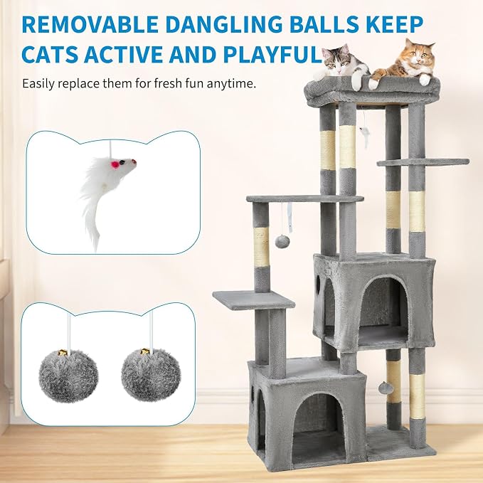61" Large Cat Tree Tower for Indoor Cats, Heavy-Duty Multi-Level Cat Condo for Maine Coon & Big Cats with Extra-Large Perch, 2 Spacious Houses, Sisal Scratching Posts & Hanging Toys - Light Gray