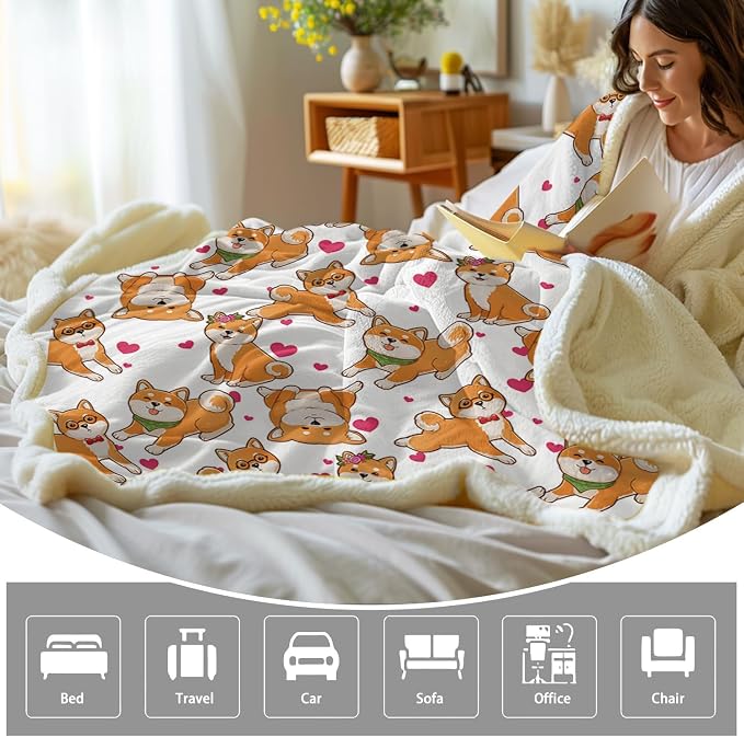 BlessLiving Cute Watercolor Dogs Pattern Fleece Blanket Shiba Inu Puppy Sherpa Reversible Throw Animal Print Plush Blanket (Queen, 90 x 90 Inches)