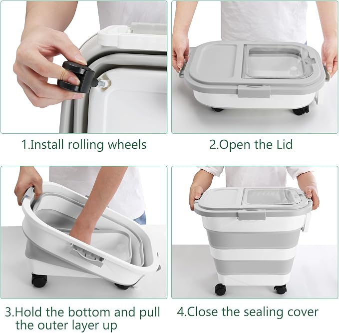 30LB Dog Food Storage Container with Wheels, Lid, Handle, Cup and Scoop | Collapsible Pet food Storage Containers, Airtight Food Storage Bin for Cat Dog Kibbles, Bird Seed, Rice, Flour, Cereal -Grey
