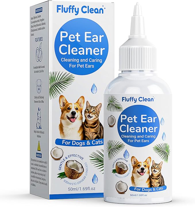 Dog Ear Cleaner - Pet Ear Wash, Flush and Drop Cleaner Solution for Cat & Dog Infection and Itch Relief, Gently Removes Debris, Wax Buildup, Odor - 1.69 fl oz