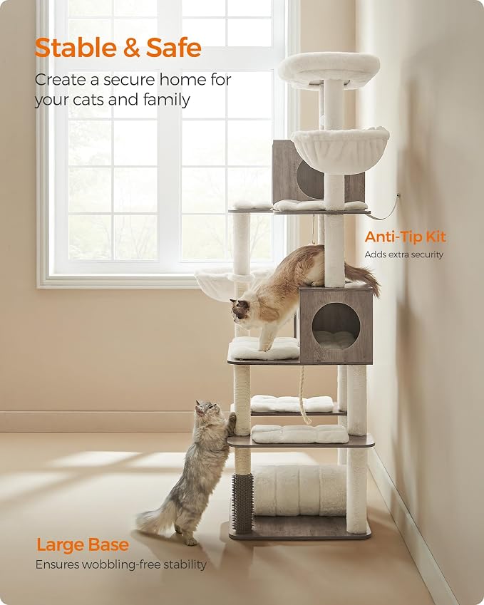 Feandrea Cat Tree, 75.6-Inch Modern Cat Tower, Tall Multi-Level Condo with 2 Caves, 2 Hammocks, 4 Scratching Posts, Self-Groomer, Tunnel, Perch, Heather Greige UPCT193G01 | Tall Cat Tower, 4 Scratching Posts, Self-Groomer, Tunnel, Perch, Heather Greige...