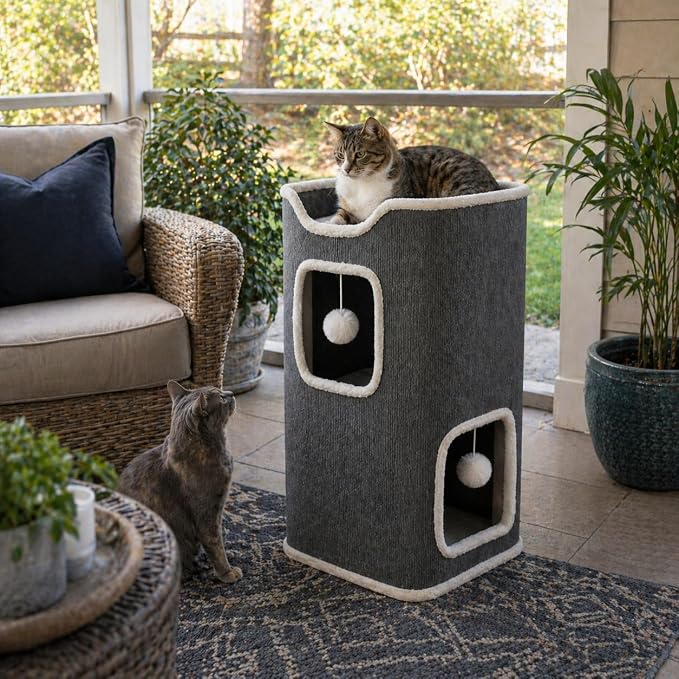 Multi-Level Foldable Cat Tree Tower for Indoor Cats – Includes Cat House, Play Balls, Soft & Cozy Top Cat Bed, Scratch-Resistant Design for Scratching, and a Cat Hideaway (M)