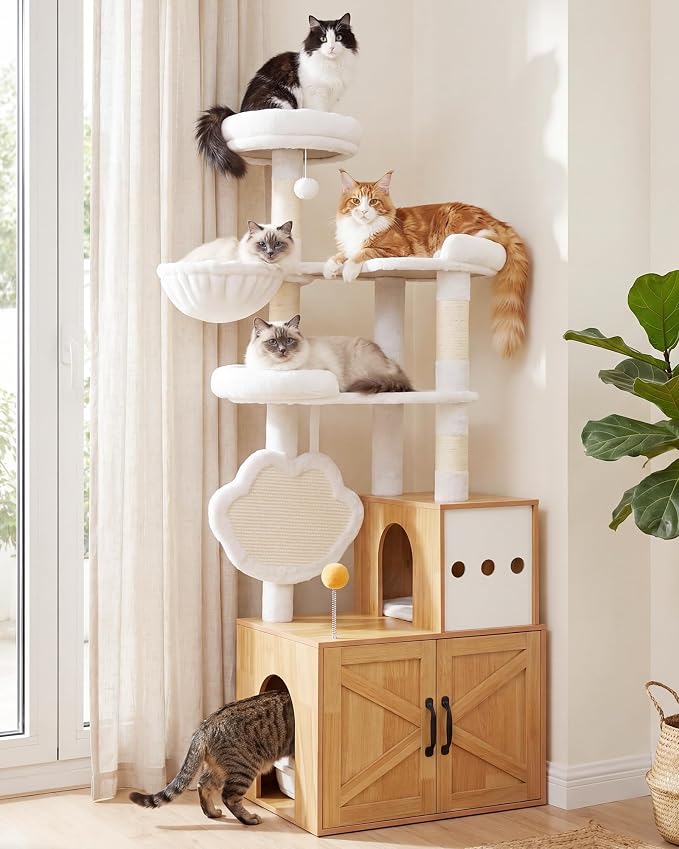 Heybly Cat Tree with Litter Box Enclosure, Modern 64" Hidden Tower HCT105WB | All-in-One Solid Wood Cat Condo for Indoor Cats with Paw-Shaped Board, Multi-Level Perch & Playzone, Walnut