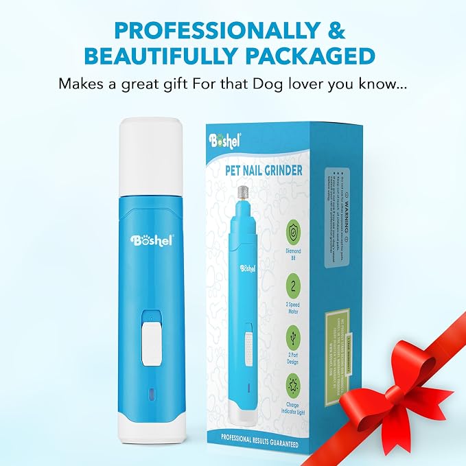 Dog Nail Grinder with 2-Speed Motor, Low Quiet Noise Electric Pet Trimmer for Safe Paw Grooming, Rechargeable and Portable Nail File for Large Dogs, Small Puppies and Cats
