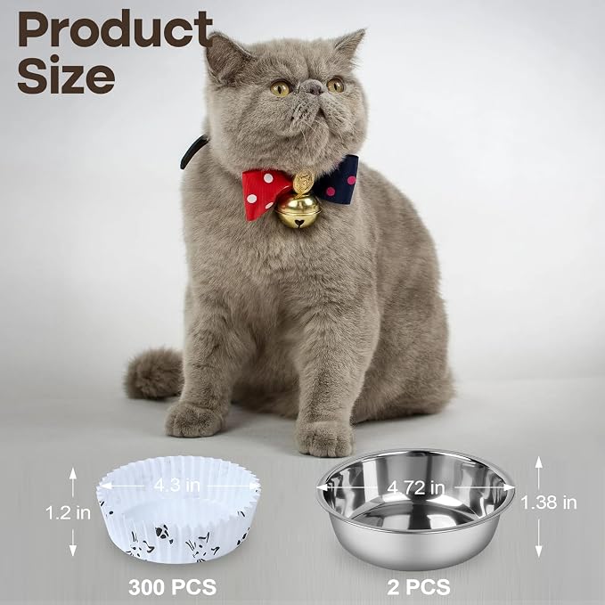 Bulk Disposable Cat Bowls Set (300 Pcs Cat Food Bowl Liners + 2 Pcs Stainless Steel Pet Bowls) Small Paper Bowls for Puppy Kitten Small Dogs and Cats, Ideal for Dry & Wet Food (White, Cat Face Print)
