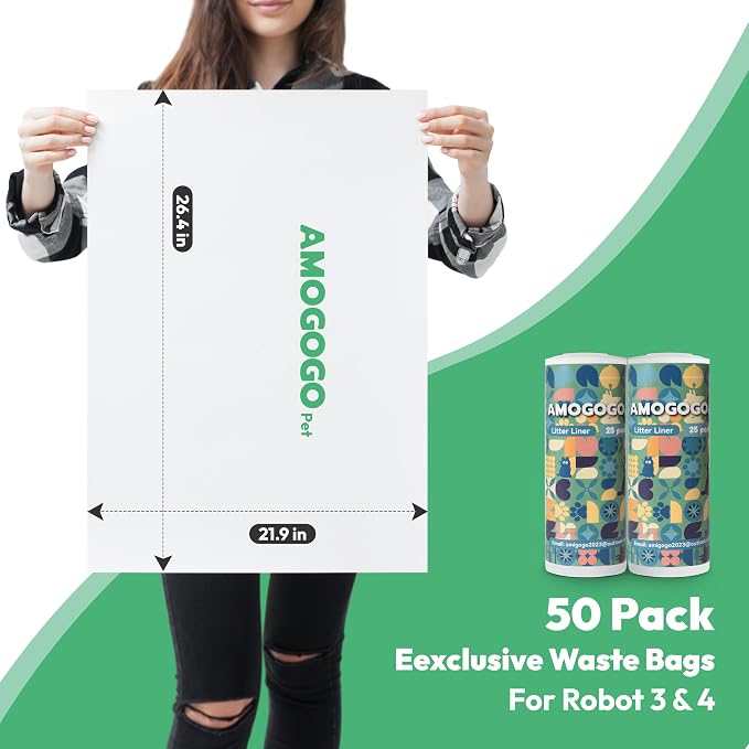 50 Pcs Waste Bags, Compatible with Litter Robot 4/5/3, Heavy Duty Cat Litter Trash Bags, Waterproof, White Replacement Litter Bags, 26.4" x 21.9"