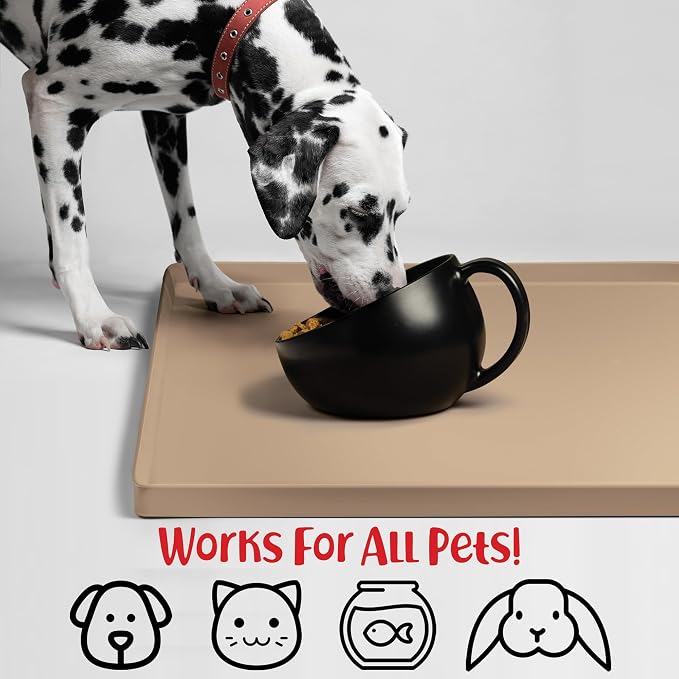 DogBuddy Dog Food Mat – Waterproof Dog Bowl Mat for Food and Water, Silicone Pet Feeding Mats for Floors, Non-Slip Placemat with High Edges for Dogs Bowls, Puppy Essentials (XL: 28" x 18", Taupe)