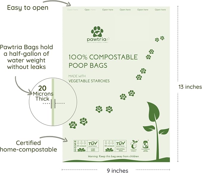Pawtria Certified Home Compostable Dog Poop Bags (480), Poop Bags for Dogs, Cat Litter, Vegetable Starches, Dog Waste Bags, Leakproof, Easy to Open, Give Back