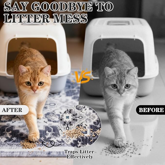 EXPAWLORER Cat Litter Mat, 20”x32” Small Non-Slip Urine Waterproof Litter Trapping Mat Easy to Clean Washable Litter Box Mat for Floor Soft on Kitty Paws, Indoor Food Mats Rug Pads for Bathroom Grey