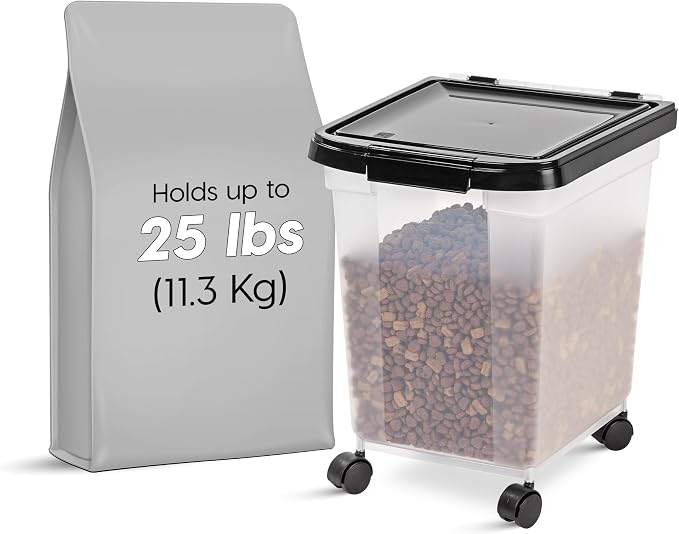 IRIS USA Airtight Dog Food Storage Container, WeatherPro, Up to 25 lbs, Removable Wheels, for Dog Cat Bird and Other Pet Food Storage Bin, Keep Fresh, Translucent Body, Made in USA, Clear/Black
