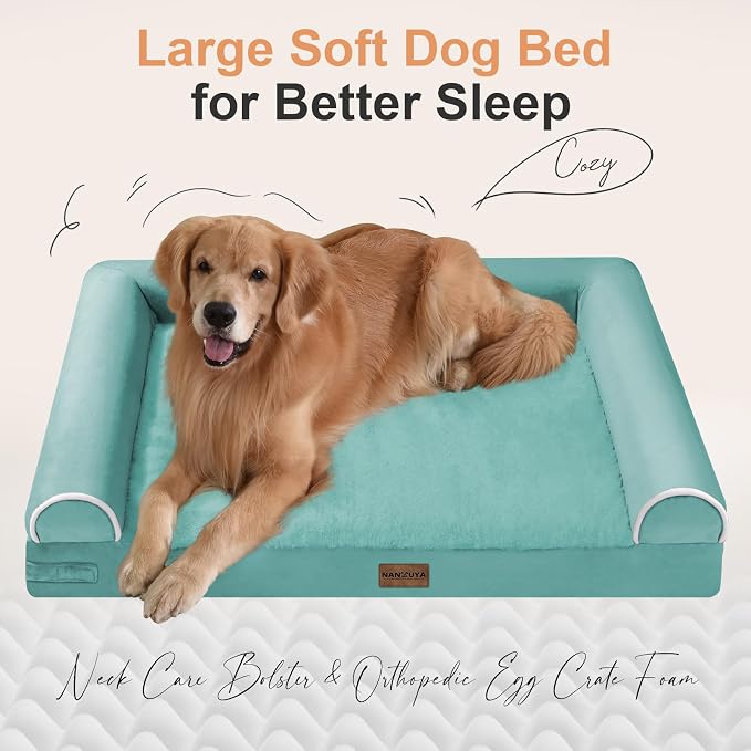 NANUYA Orthopedic Dog Bed for X-Large Dogs, 40 x 32 Inch, Aqua Blue | Egg crate foam for joint support, 3-sided bolster pet sofa, waterproof lining, washable cover, and non-skid base