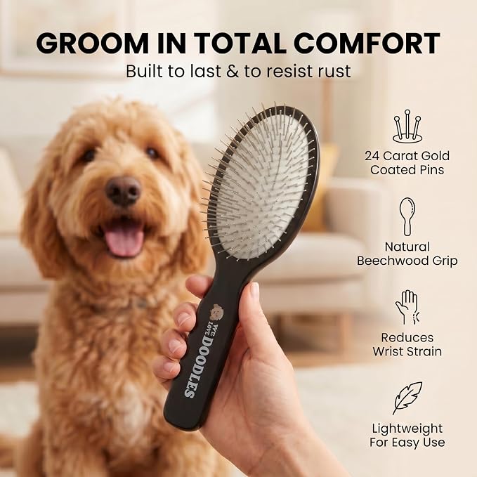 We Love Doodles Pin Brush for Dogs, Pet Grooming Detangler Pin Dog Brush, Dog Brush for Shedding and Removing Loose Fur, Lightweight Beech Wood (Silver Pins)