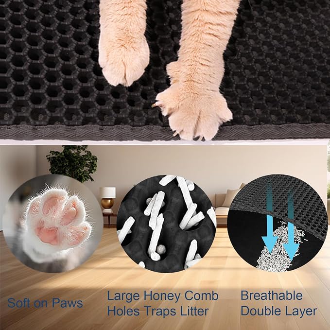 Cat Litter Mat 30"x24" Upgraded Urine-Proof Non-Slip Black | Large double-layer honeycomb catches all types of litter, soft & durable, BPA-free, easy clean, upgraded bottom, large mat.
