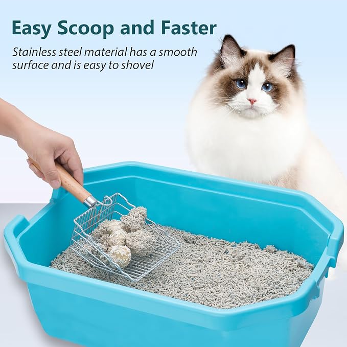 Cat Litter Scoop, Premium Kitty Shovel with Hook and Hole, Metal Sifter Scooper Stainless Steel for Easy Cleaning, Durable and Heavy Duty, Odor-Free for Litter Box | 0.3-inch Gap, Wooden Handle, with Hook and Hole, Stainless Steel, Easy Cleaning, Durab...