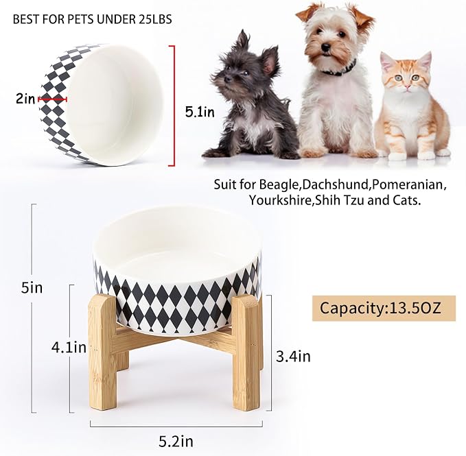 Petygooing Raised/Elevated 15°Slanted Ceramic Dog Bowl for Small Breeds,Tilted Anti Slip Pet Bowl,Food Water Dish with Stand for Cats and Small Dogs Puppy 13.5 OZ (5.1In / 1.7 Cups) Black Rhombus