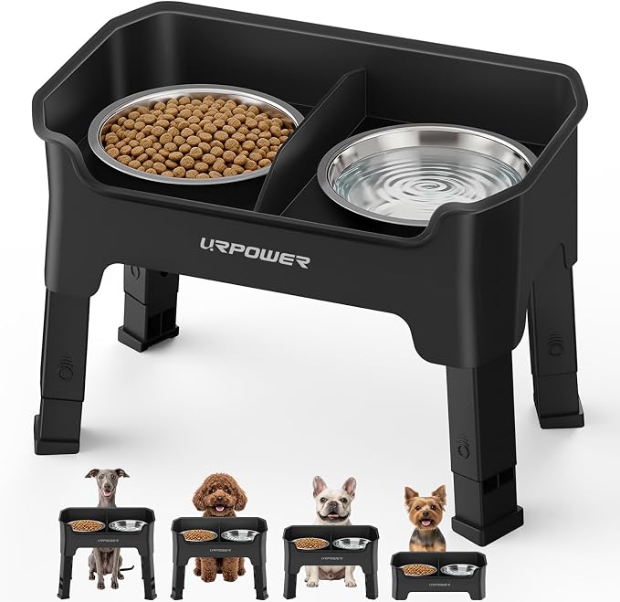 URPOWER Mess Proof Elevated Dog Bowls, High Wall Splash Guard Design, 4 Height Adjustable Raised Bowl Stand, 2 Stainless Steel Bowls, Non-Slip Food Water Set for Small Dogs