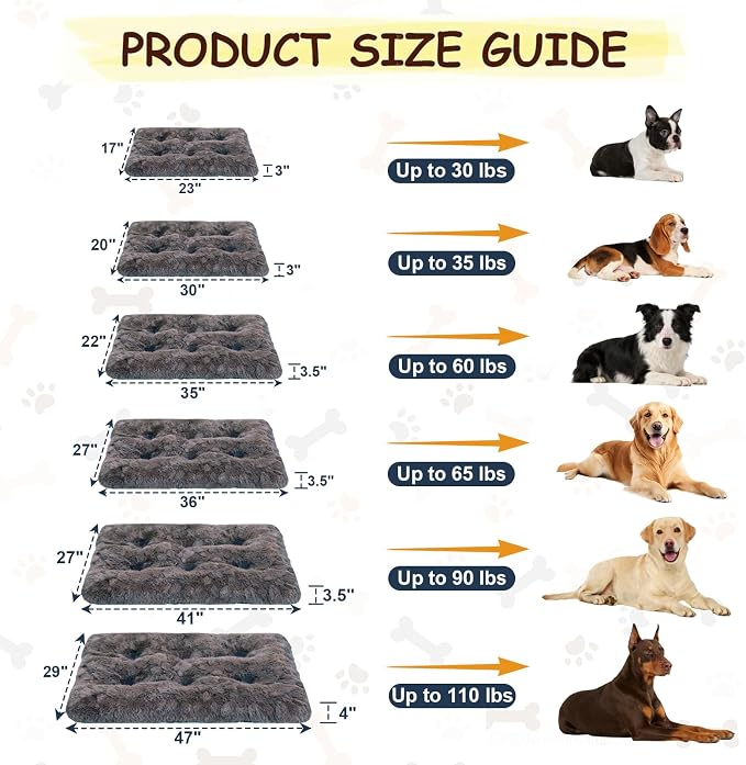 Washable Dog Bed for Small to Large Dogs, Calming Anti Anxiety Medium Dog Bed, Deluxe Plush Faux Fur Crate Beds, Comfy Fluffy Kennel Pad Pet Mat with Non-Slip Bottom, 41"x27", Dark Grey