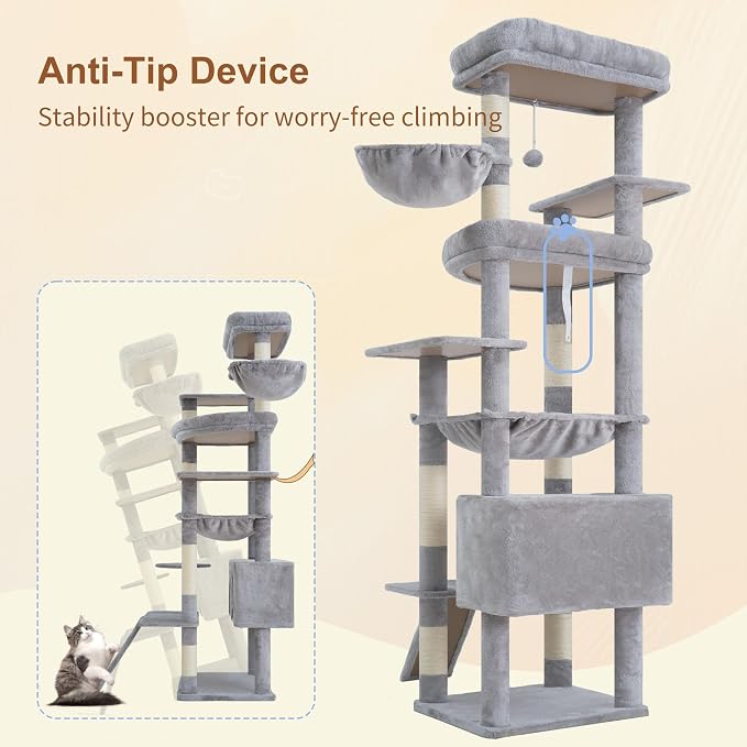 Heybly Tall Cat Tree for Large Cat, 80-inch Multi-Level Cat Tower HCT038W | Condo Furniture for Indoor Cats with Large Baseboard, 2 Widened Plush Perches, Scratching Board, Big Caves, Light Gray