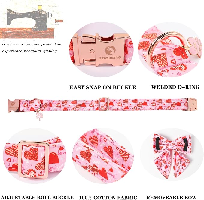 DOGWONG Valentine's Day Dog Collar with Bow Tie - Adorable Pet Collar Red Hearts with Rose Gold Buckle for Large Medium Small Dog Walking, L