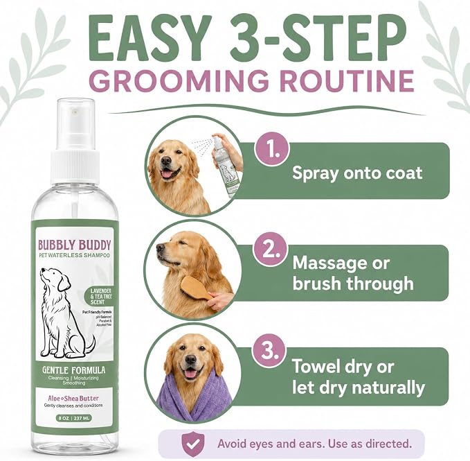 Pet Waterless Shampoo for Dogs, No-Rinse Dog Shampoo Spray with Aloe, Shea Butter, Colloidal Oatmeal, Jojoba Oil, Vitamin E & Tea Tree Oil, pH Balanced, Lavender & Tea Tree Scent, 8 fl oz
