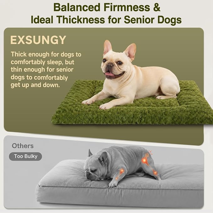 Exsnugy Washable Dog Bed Mat Medium Size Fluffy Pet Crate Pad 30x19 | Non-Slip Bottom Kennel Beds Ultra Soft Comfy Sleeping Mattress for Large Medium Small Dogs Green