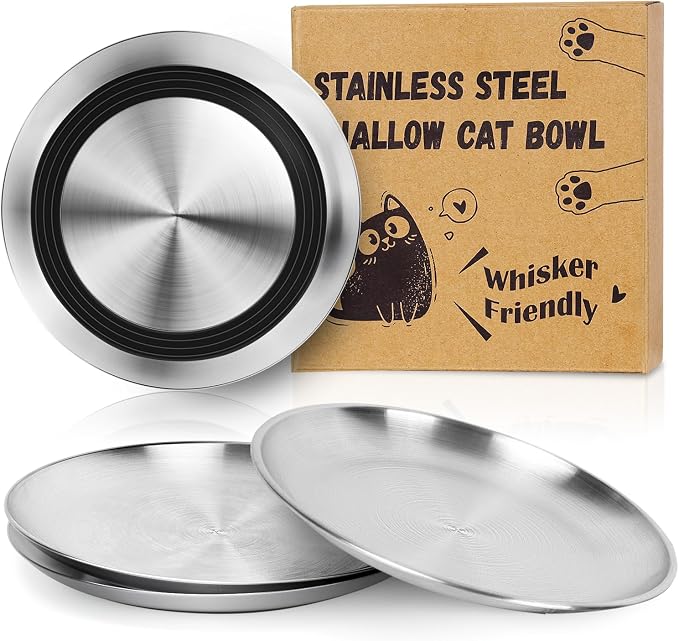 Supet Cat Plates Whisker Friendly, Non Slip Dish for Wet Food, Shallow Wide Flat Bowls Stainless Steel Metal for Indoor Cats, Kitten, Small Dog (13Oz, 4Pcs)