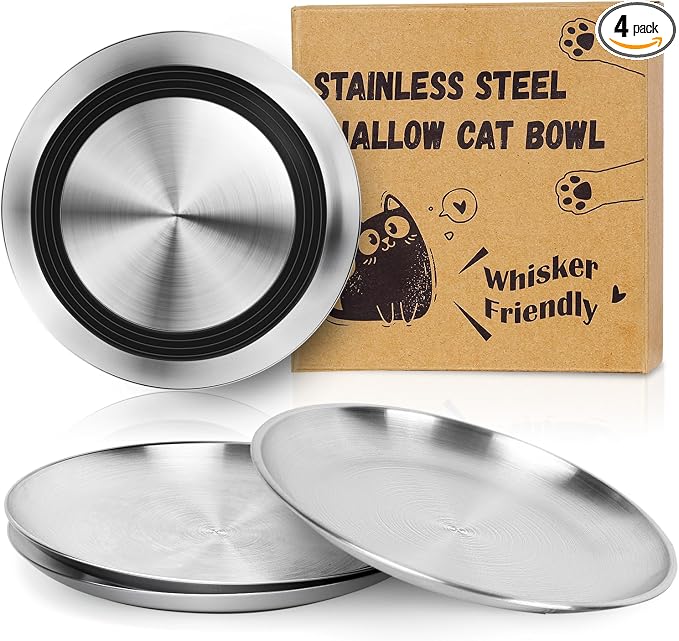 Supet Cat Plates Whisker Friendly, Non Slip Dish for Wet Food, Shallow Wide Flat Bowls Stainless Steel Metal for Indoor Cats, Kitten, Small Dog (13Oz, 4Pcs)