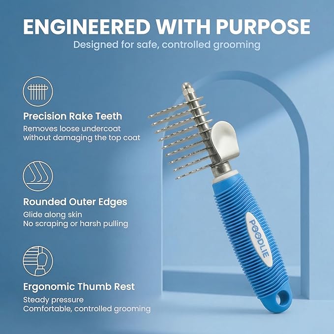 Poodle Dematting Fur Rake Comb Brush for Dogs and Cats - Long 2.5" Steel Safety Blades Metal Comb for Detangling Matted or Knotted Undercoat Hair