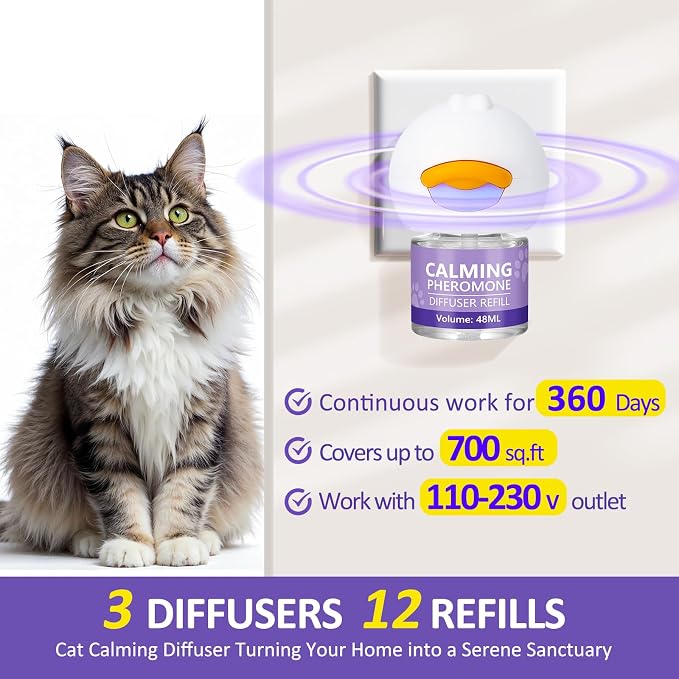 OcePor Cat Calming Diffuser,360-Day Pheromone Diffuser 12 Refills & 3 Plugs | Cat Pheromones Calming Diffuser Refill Kit for Pee Spraying, Aggression, Meowing & Scratching, Relieve Anxiety Stress