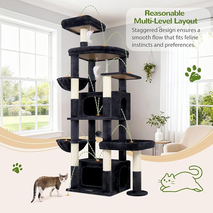 Globlazer 75in Sturdy Cat Tree Tower for Indoor Large Cats, S75, Dark Grey | Multi-Level Heavy Duty Cat Tower with Scratching Post, Oversized Condos & Perches for Big Cats, Large Baskets, Enlarged Base
