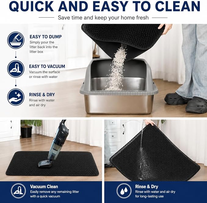 Cat Litter Mat 24 x 18 Inch, Double-Layer Honeycomb Litter Trapping Mat with Waterproof Leatherette Bottom, Urine-Resistant, Non-Slip, Easy to Clean, （Black）