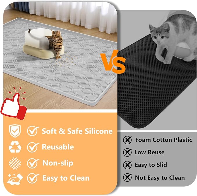 Silicone Cat Litter Mat 42" x 29" Cat Mat for Litter Box, Light Grey | Extra Large Cat Litter Trapping Mat for Floor, Waterproof, Non-Slip Kitty Litter Box Mat with Raised Edge, Easy to Clean
