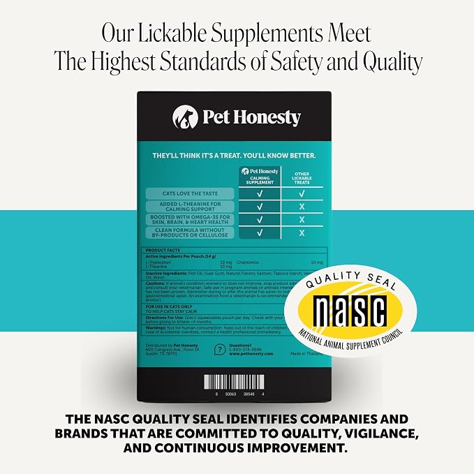 Pet Honesty Cat Lickable Treats with L-Theanine & Chamomile - Squeezable Puree Pouches for Cats - Behavior Support for Travel, Vet Visits, Grooming, & Separation (Salmon, 20 Ct)