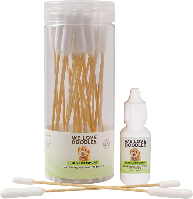 Dog Ear Cleaner Kit - Dog Ear Wash, Serum & 25 Swabs, Natural, Made in USA | Advanced Dog Ear Cleaning, Reduces Itching, Odor & Wax, Ear Drops for Dogs, Golden Doodle & Poodle Ear Flush, Puppy Essential