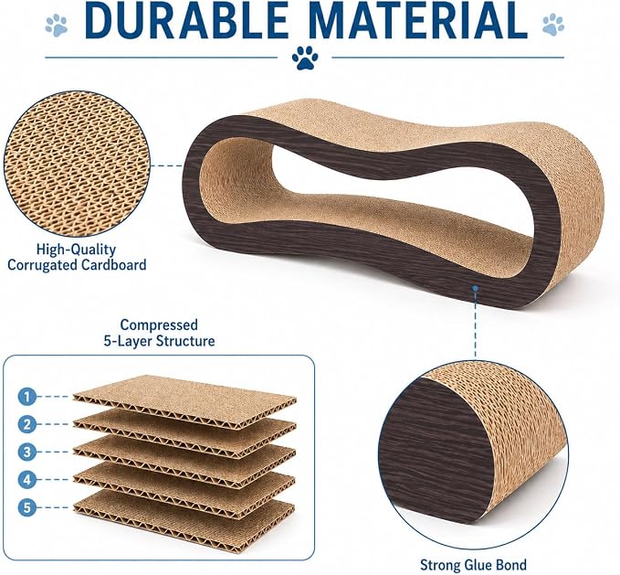 2 in 1 Large Cardboard Cat Scratcher Lounger，Cat Scratching Board for Indoor Cats,100% Recyclable&Reversible Horizontal Scratching Pads Prevents Furniture Damage,Brown