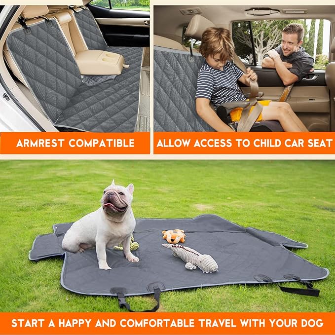 Yuntec Dog Car Cover for Back Seat Pet Car Seat Cover Protector Waterproof Rear Seat Cover Nonslip Bench Car Seat Cover fits Middle Armrest for Most Cars Trucks SUVs (53” Width) - Grey