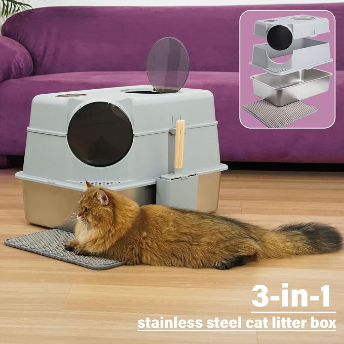 Stainless Steel Cat Litter Box with Lid,3IN1 Metal Litter Box High Sides for Big/Multiple Cats,Indoor,1-Mat and 1-Scoop,Easy to Clean, No Odor,Anti-Urine Leakage