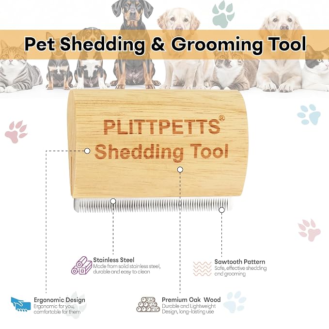 Cat Brush for Shedding, Deshedding Grooming Tool for Samll pets | 3.15 Inch Wooden Ergonomic Handle, Painless Hair Removal Grooming Tool, Stainless Steel Comb for Short & Long Hair,Fur & Dirt