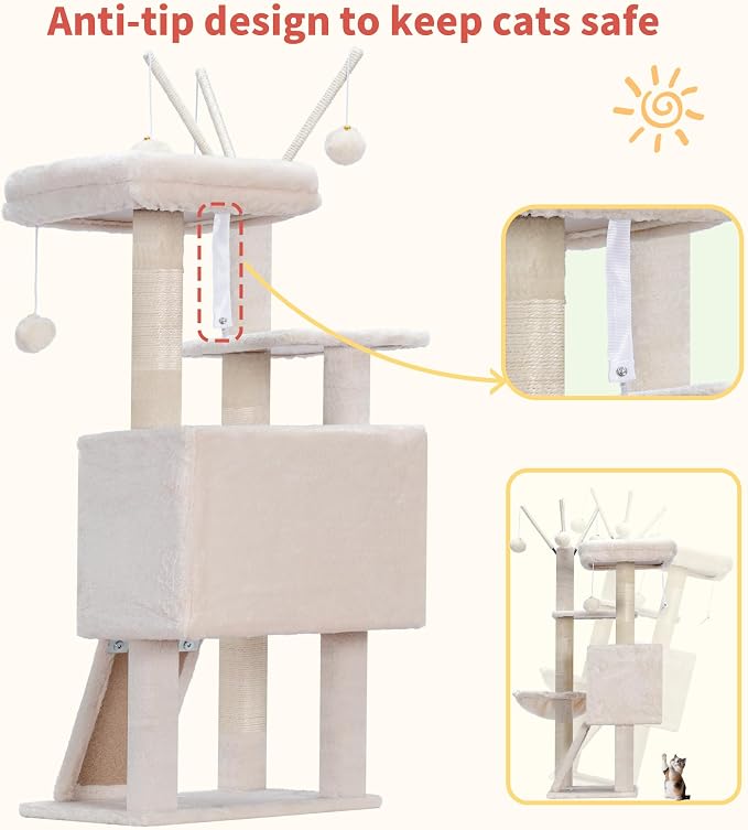 Hey-brother Cat Tree Tower with Removable Toys, Scratching Posts, MPJ008SM | 41.3 Inches Plush Cozy Condo with Platform, Hammock, Sisal Scratch Board and Ball for Indoor Cats, Beige