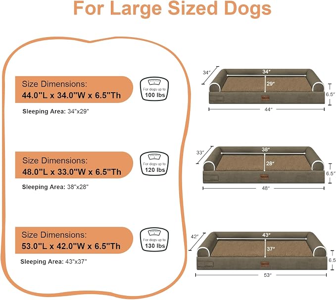 NANUYA Orthopedic Dog Bed for XX-Large Dogs, 44 x 34 Inch, Brown | Egg crate foam for joint support, 3-sided bolster pet sofa, waterproof lining, washable cover, and non-skid base
