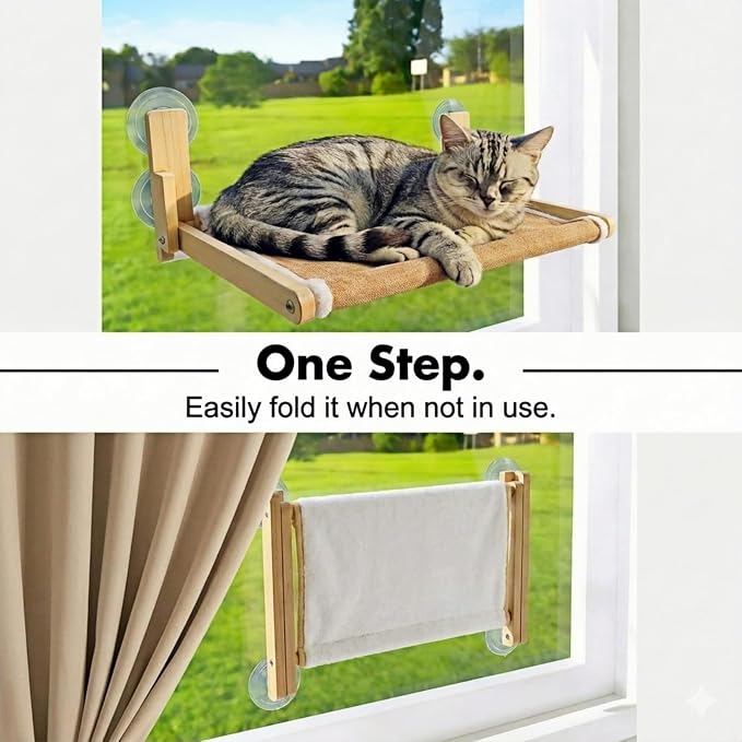 Foldable Cat Window Perch, Natural Wood, 16.5''×12'' Hammock, 35 lbs Weight Limit, Cat Window Hammock for Small Size Windows