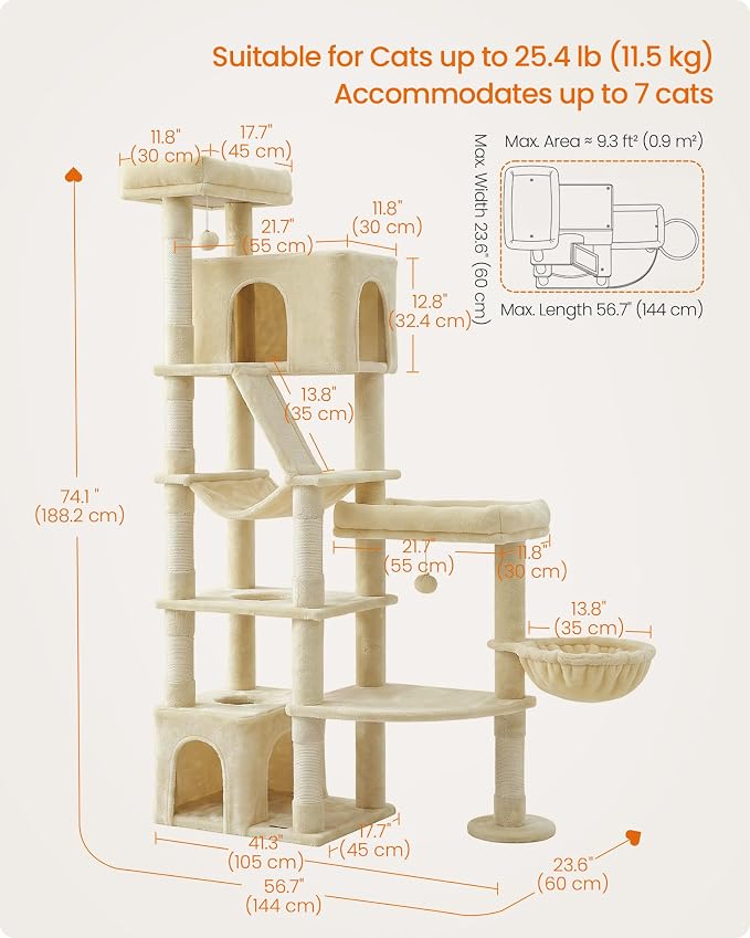 Feandrea 74.1-Inch Cat Tree Tower for Indoor Extra Large Cats, with Scratching Posts, Scratching Board, Multi-Level Design, Beige UPCT016Y101S