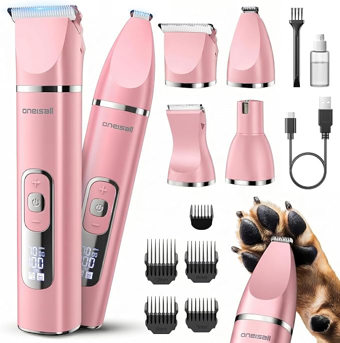 oneisall 4 in 1 Dog Grooming Kit with LCD Display Pink | Paw Hair Trimmer & Nail Grinder, Rechargeable, Cordless, Low Noise, IPX7 Waterproof, 3 Speeds Pet Grooming Clippers